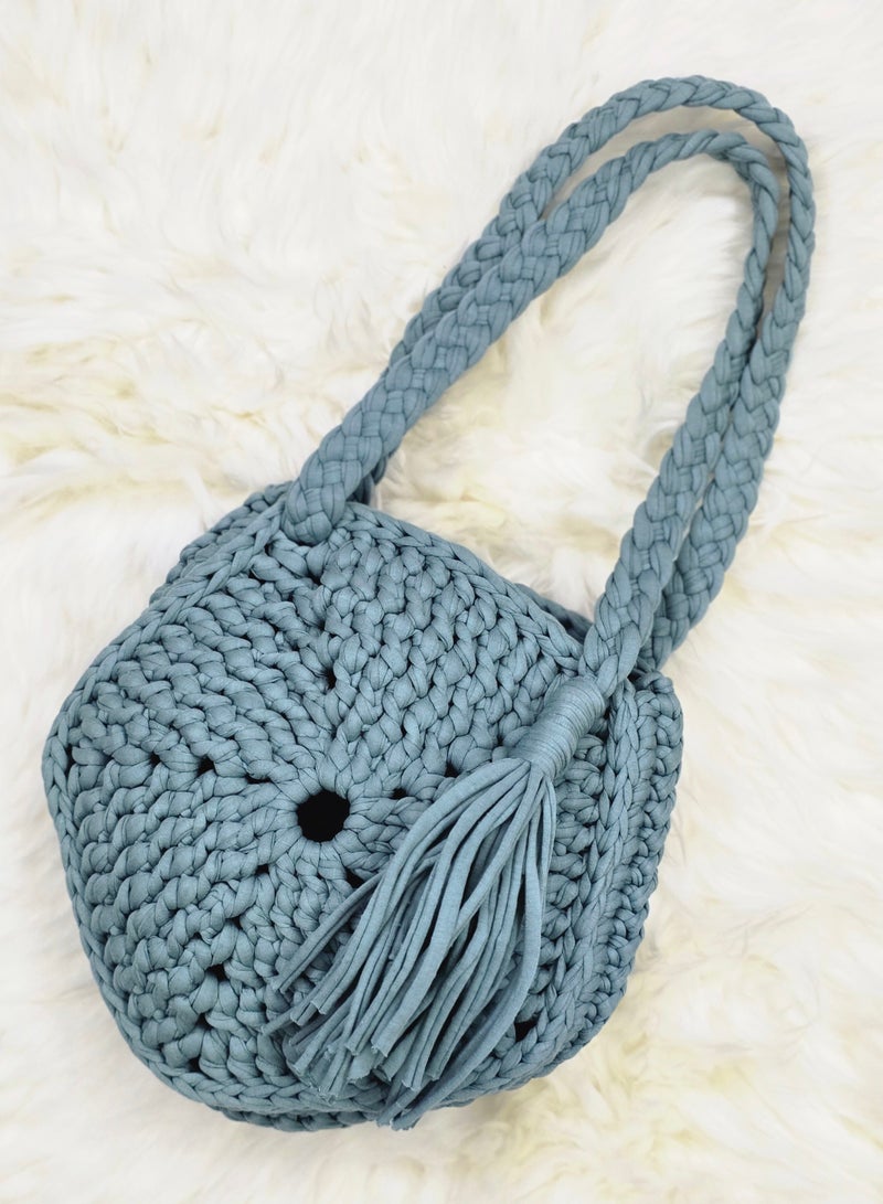 RandSac Dusty Teal Round Crochet Bag with Braided Straps and Tassel - Image 1