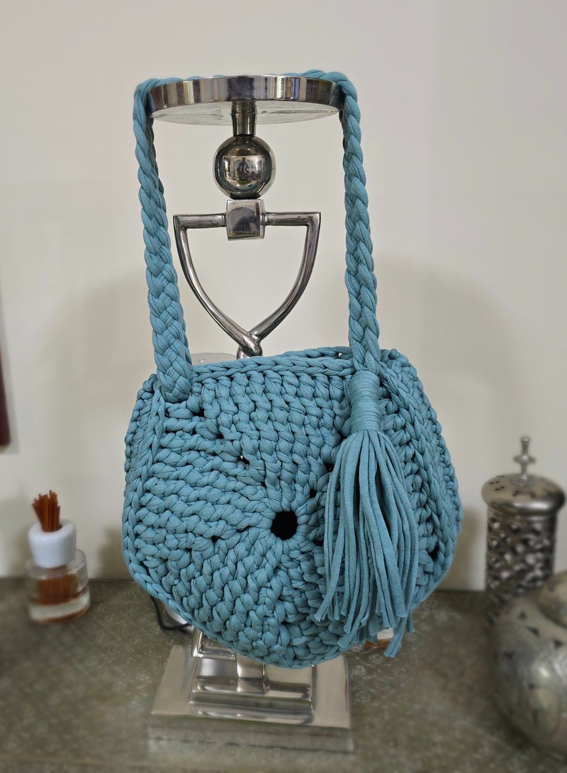 RandSac Dusty Teal Round Crochet Bag with Braided Straps and Tassel - Image 2