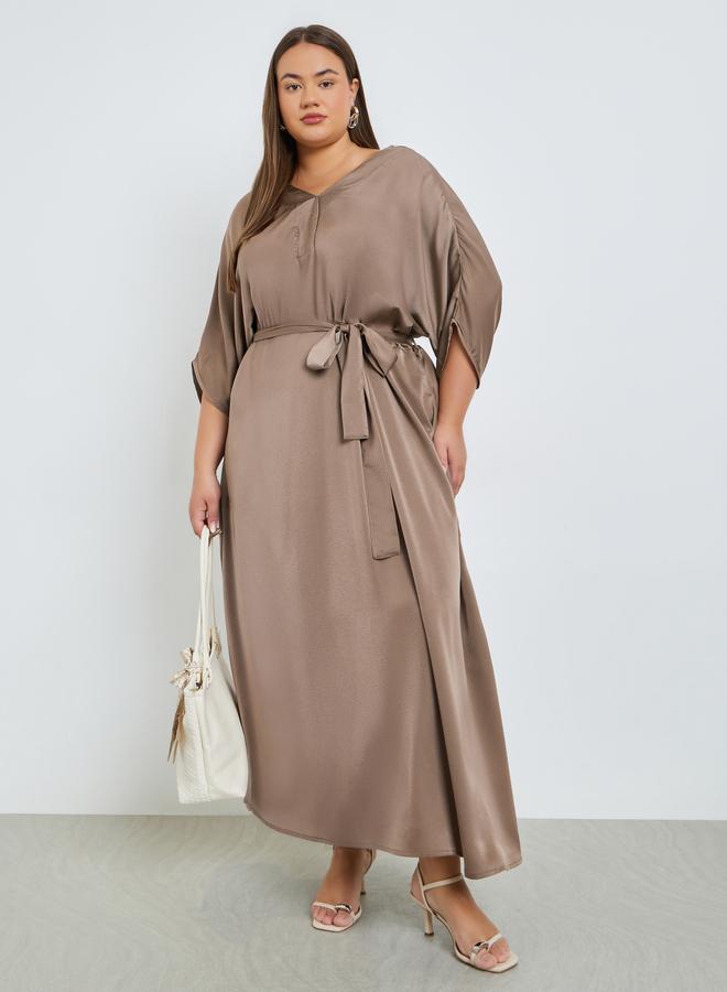 Styli Plus Size Matte Satin Maxi Dress with Tie-Belt - Image 1