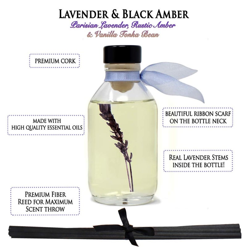 LOVSPA Reed Diffuser Set, Lavender & Black Amber Scented Oil Diffuser with Sticks, Home Fragrance Accessories for Bathroom Shelf Decor, Aroma Diffusers for Home or Office Desk, USA Made - Image 3