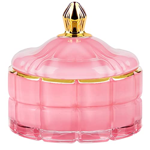 ALAMHI وعاء حلوى زجاجي ALAMHI مزخرف مع أغطية جرار صيدلية زجاجية للحمام لتخزين كرات القطن أو أعواد القطن صناديق تخزين المجوهرات مع أغطية هدايا كريستالية وردية للنساء