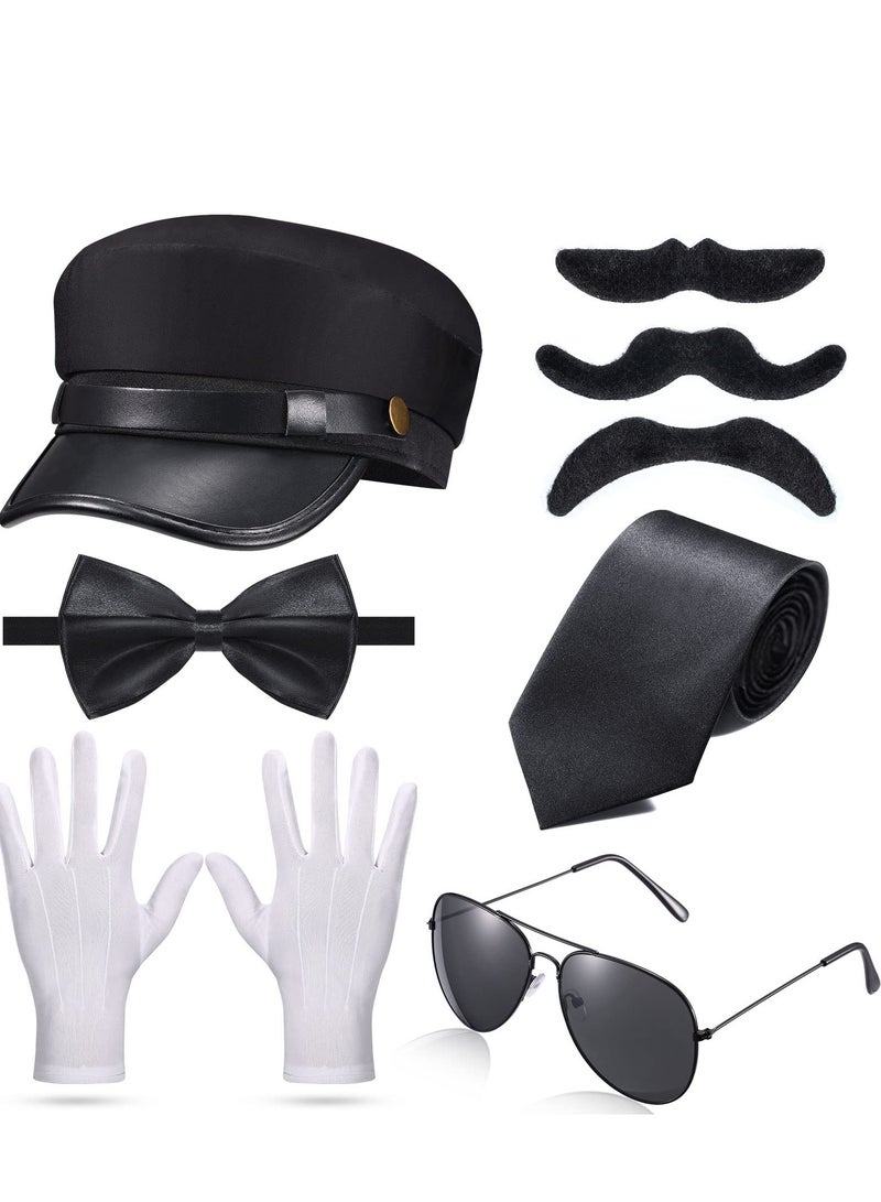 8 Pieces Chauffeur Costume Novelty Limo Driver Costume Black Chauffeur Hat Taxi Driver Hat Gloves Bow Tie Self Adhesive Fake Mustaches Beard Glasses - Image 1