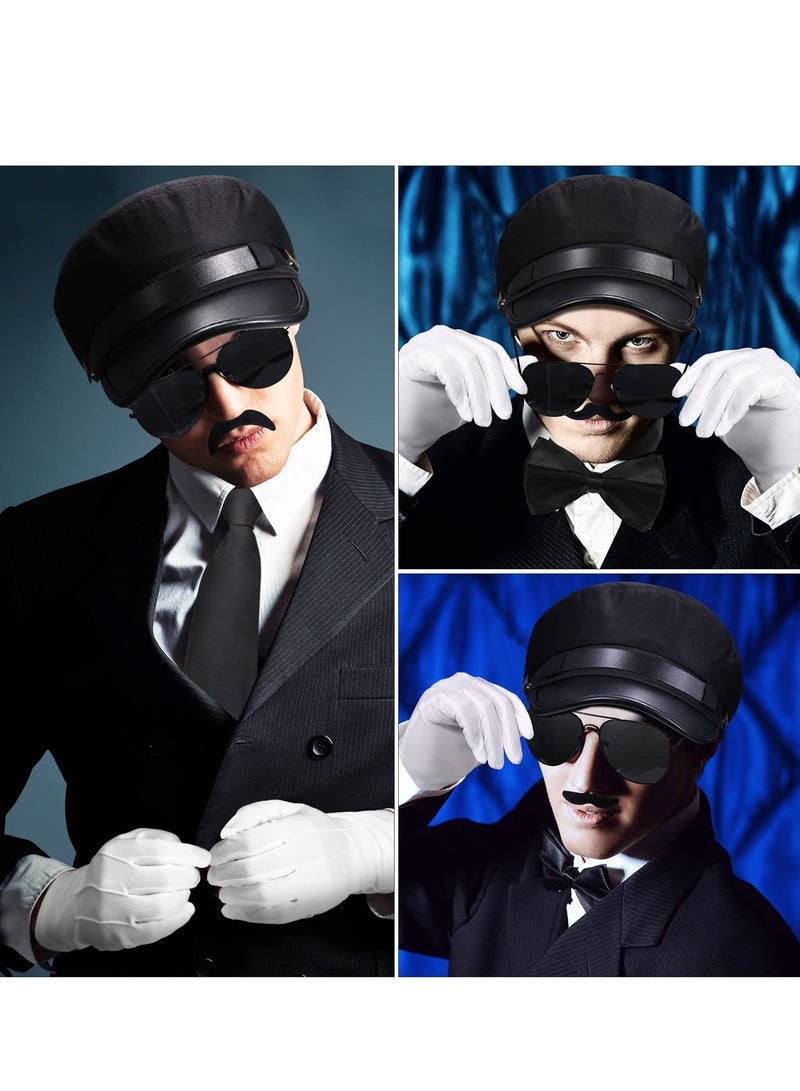 8 Pieces Chauffeur Costume Novelty Limo Driver Costume Black Chauffeur Hat Taxi Driver Hat Gloves Bow Tie Self Adhesive Fake Mustaches Beard Glasses - Image 2