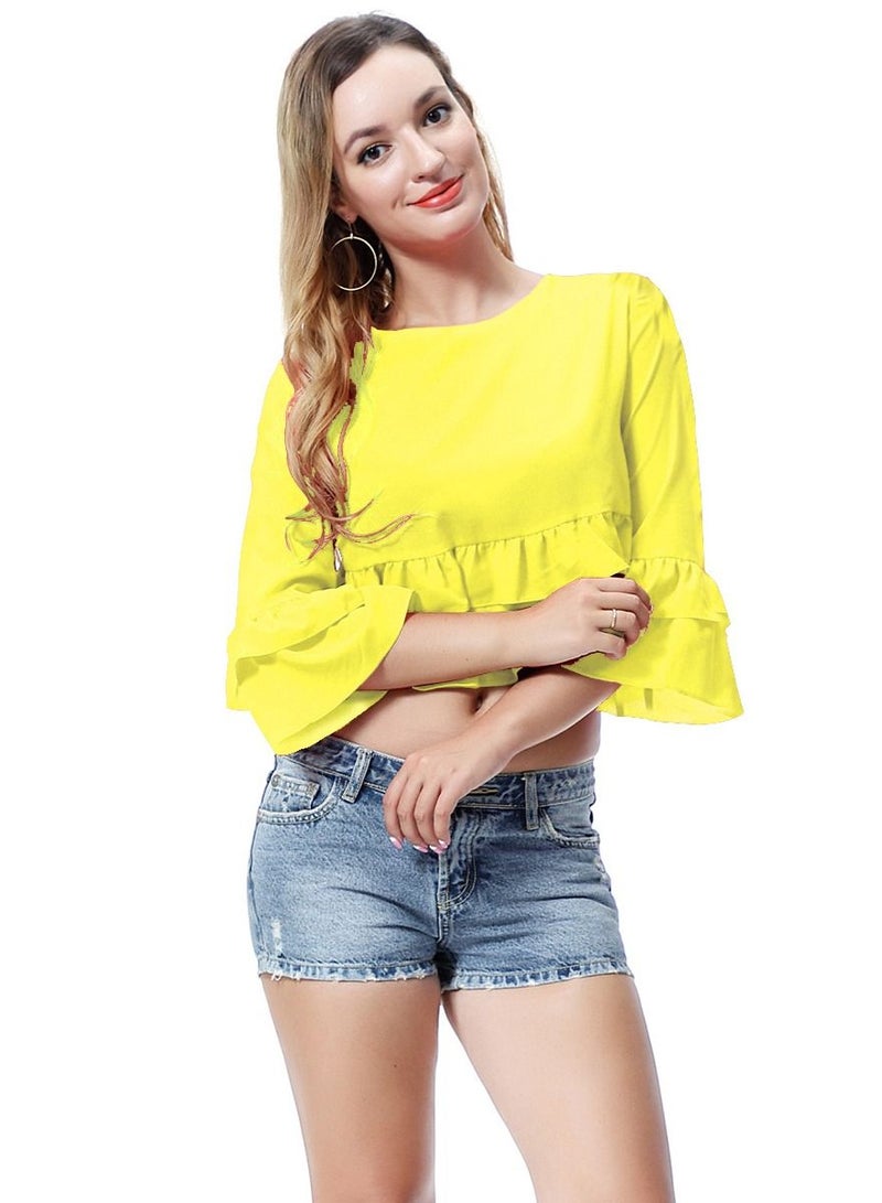 Loquat Women's Solid Color Round Neck Top Loose Ruffled Blouse Yellow 