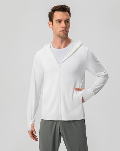 Locachy Men's UPF 50+ Sun Protection Jacket Hooded Lightweight Full Zip Long Sleeve Cooling Hiking Fishing Performance Shirts White S - Image 5