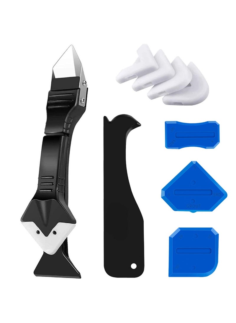 Silicone Caulking Tool Kit, 3 in 1 Caulk Remover & Grout Removal Tool, with 4pc Glass Glue Angle Scraper - Image 1