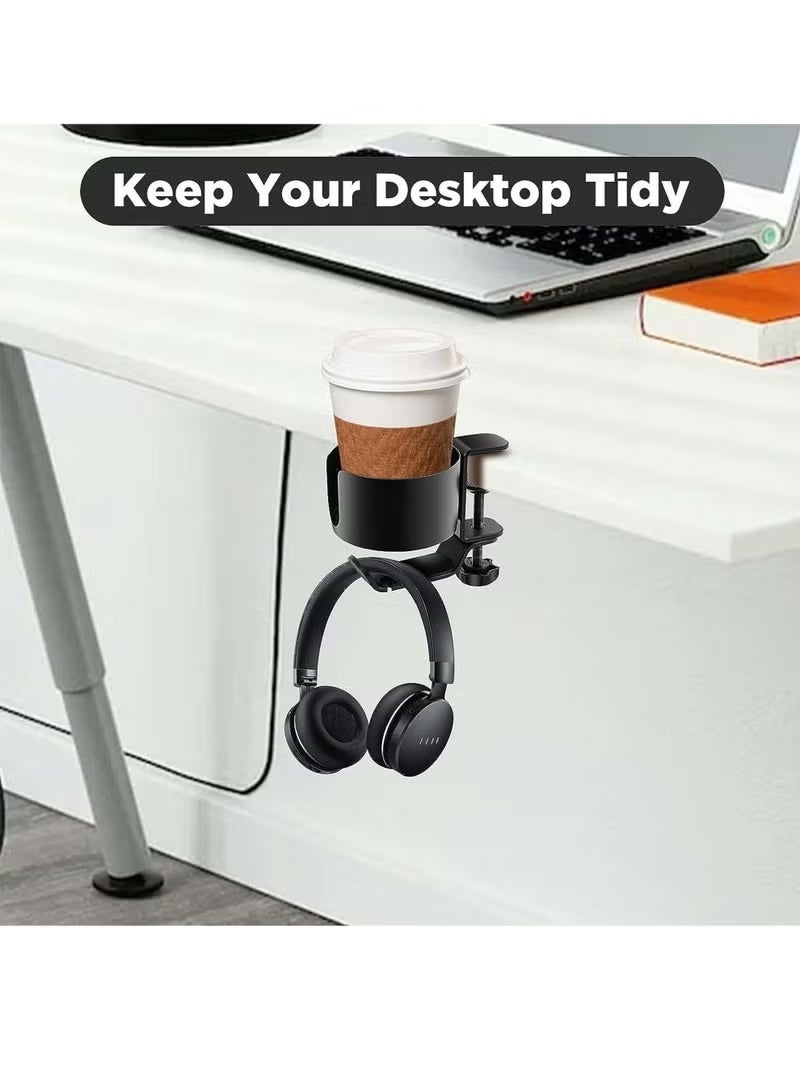 2 in 1 Desk Cup Holder with Headphone Hanger, Anti-Spill Cup Holder for Desk or Table, Easy to Install, Sturdy and Durable, Enough to Hold Coffee Mugs, Water Bottles, Headphones - Image 5