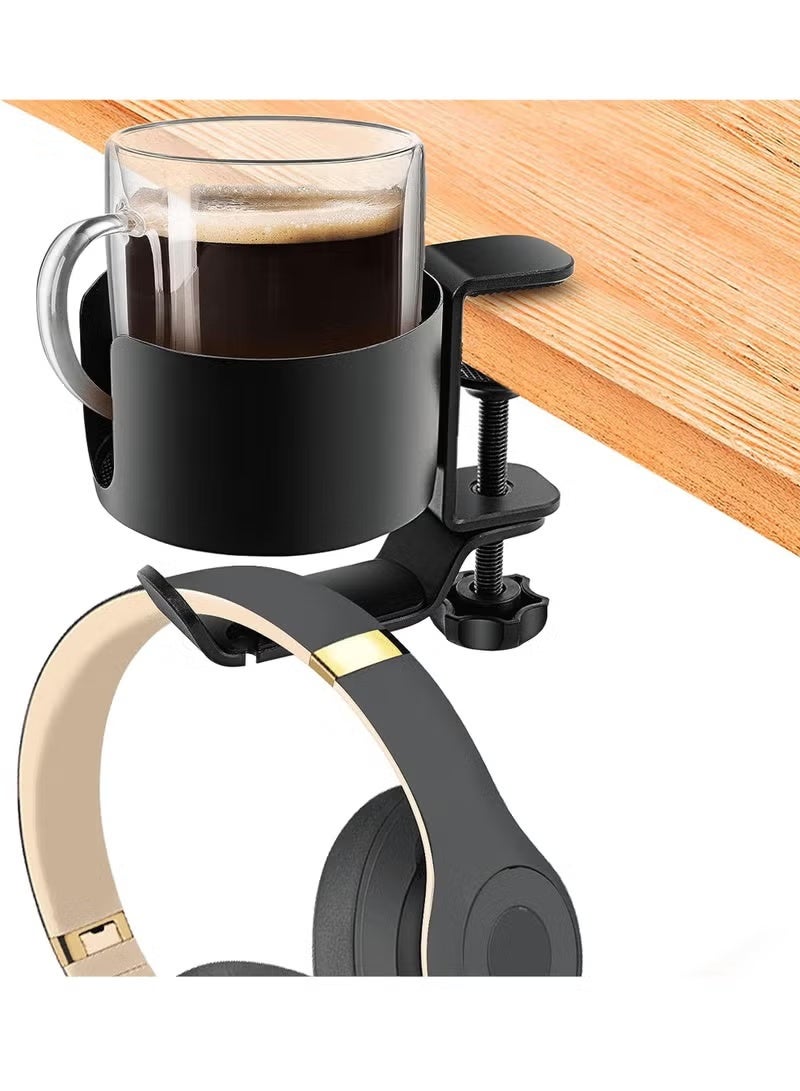 2 in 1 Desk Cup Holder with Headphone Hanger, Anti-Spill Cup Holder for Desk or Table, Easy to Install, Sturdy and Durable, Enough to Hold Coffee Mugs, Water Bottles, Headphones - Image 1