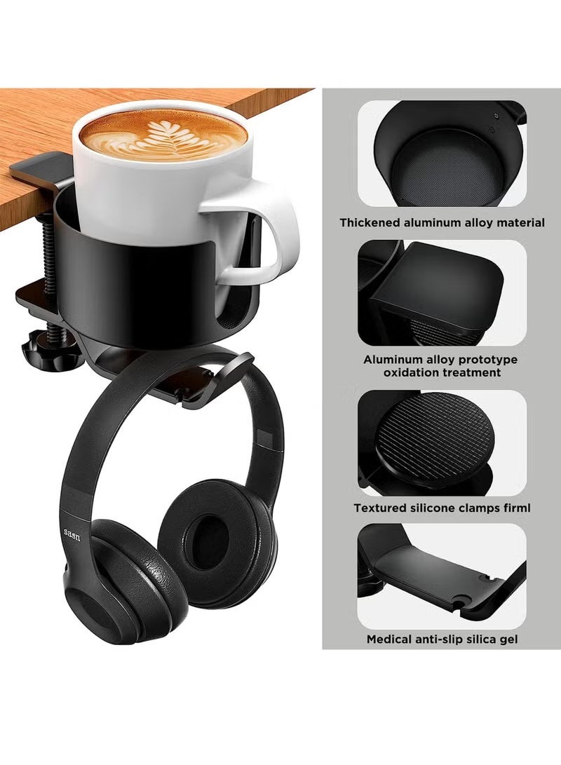 2 in 1 Desk Cup Holder with Headphone Hanger, Anti-Spill Cup Holder for Desk or Table, Easy to Install, Sturdy and Durable, Enough to Hold Coffee Mugs, Water Bottles, Headphones - Image 2