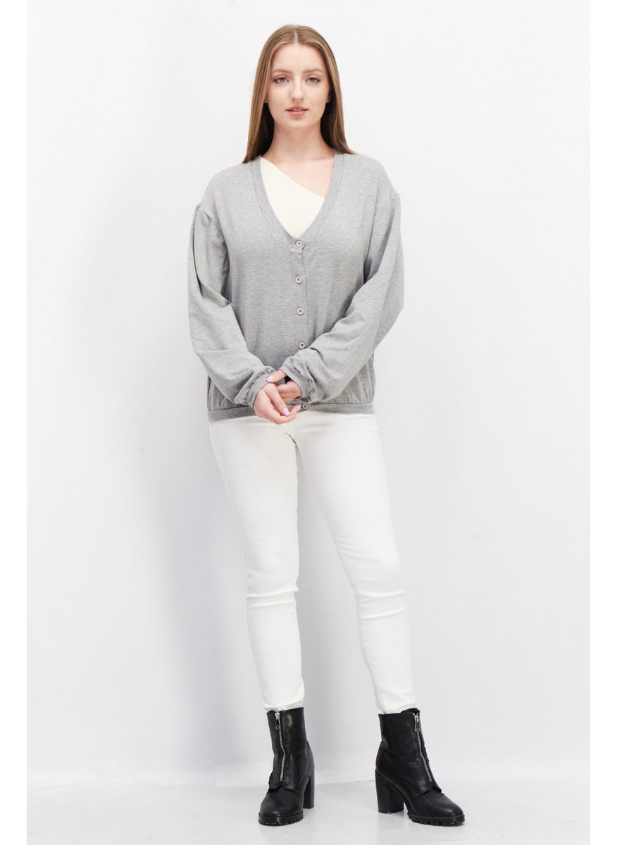EDC Women V Neck Long Sleeve Heather Cardigans, Grey  - Image 3