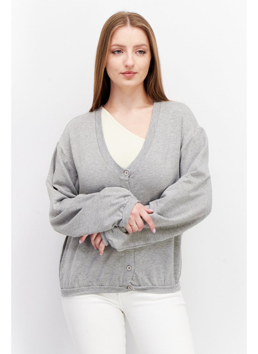 EDC Women V Neck Long Sleeve Heather Cardigans, Grey  - Image 1