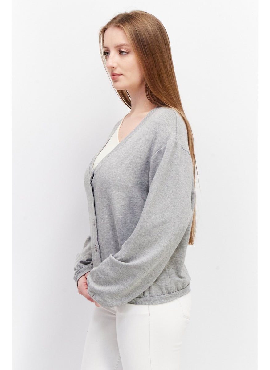 EDC Women V Neck Long Sleeve Heather Cardigans, Grey  - Image 2