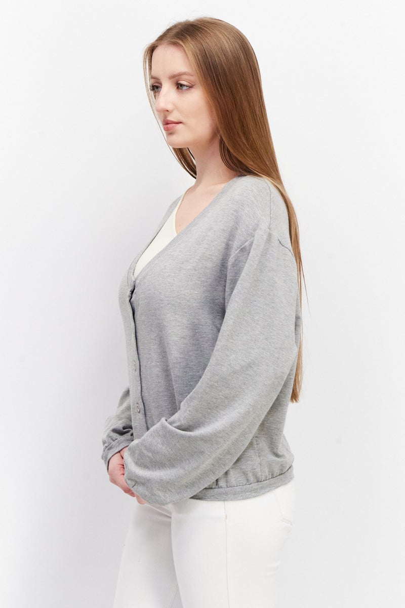 EDC Women V Neck Long Sleeve Heather Cardigans, Grey - Image 2