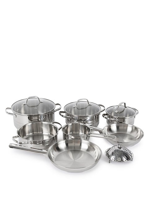 11 Piece Premium Stainless Steel 304 (18/10 Cr) tri-ply bottom cookware set, 1x14cm Saucepan, 1x16cm Casserole with Lid, 1x20cm Casserole with Lid, 1x20cm Low Casserole, 1x24cm Casserole with Lid, 1x20cm Frypan, 1x24cm Frypan, 1xFoldable Steam Insert (Fits 20-24cm)
