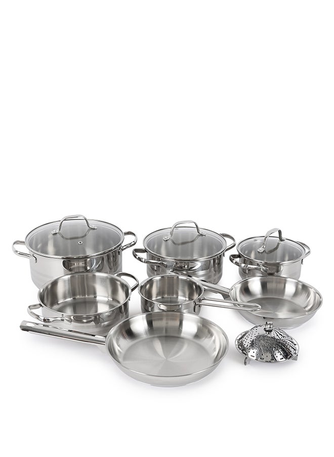 ايست من نون 11 Piece Premium Stainless Steel 304 (18/10 Cr) tri-ply bottom cookware set, 1x14cm Saucepan, 1x16cm Casserole with Lid, 1x20cm Casserole with Lid, 1x20cm Low Casserole, 1x24cm Casserole with Lid, 1x20cm Frypan, 1x24cm Frypan, 1xFoldable Steam Insert (Fits 20-24cm)  - Image 1