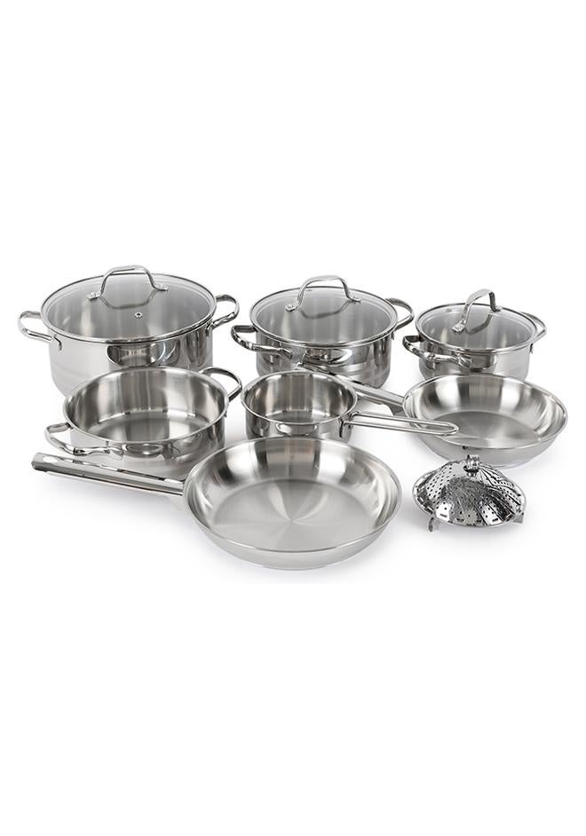 11 Piece Premium Stainless Steel 304 (18/10 Cr) tri-ply bottom cookware set, 1x14cm Saucepan, 1x16cm Casserole with Lid, 1x20cm Casserole with Lid, 1x20cm Low Casserole, 1x24cm Casserole with Lid, 1x20cm Frypan, 1x24cm Frypan, 1xFoldable Steam Insert (Fits 20-24cm)