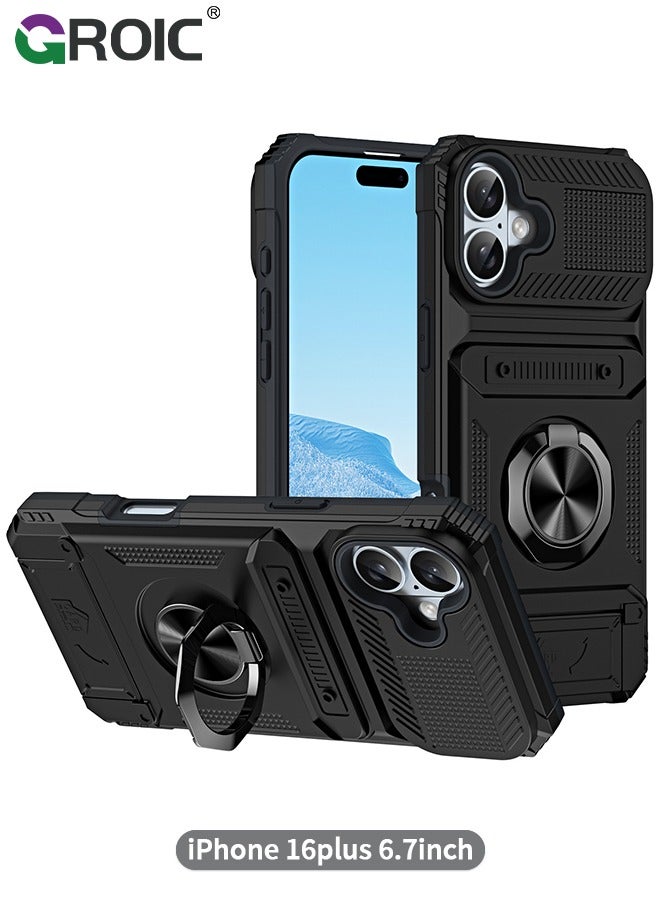 GROIC حقائب الهواتف المحمولة غلاف حماية كامل لآيفون 16 بلس، غلاف هجين متين مضاد للصدمات مع حاملة قابلة للدوران 360° من TPU وحواف واقية لحماية من السقوط - Image 1