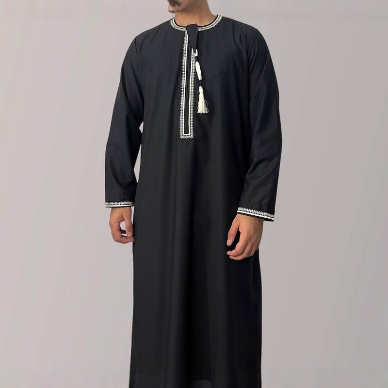 Men's Solid Crew Neck Embroidered Tassel Kaftan Long Sleeve Robe - Image 4