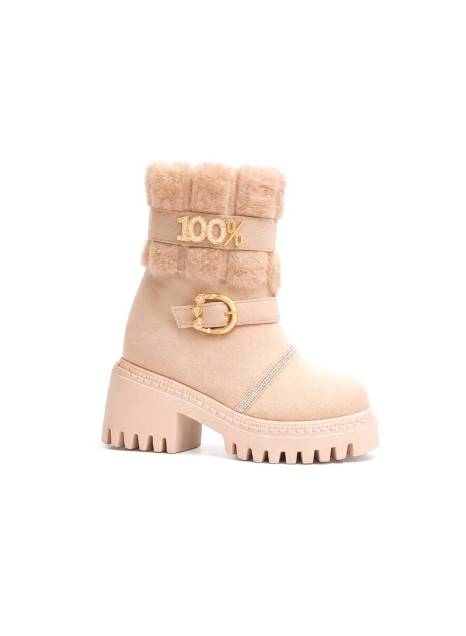Girls Winter Fur Boots, Stylish Kids Ankle Boots with Anti-Slip Sole for Daily Wear