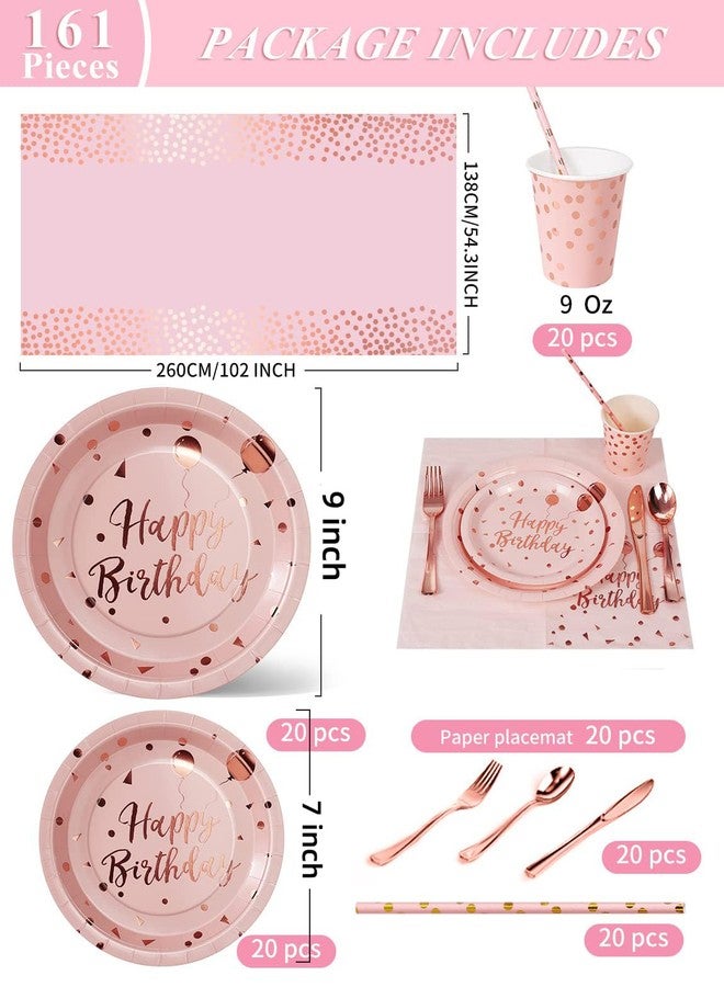 Nkaiso Birthday Party Tableware, 161 Pieces Pink and Rosegold Party Supplies, Party Dinnerware Sets Include Paper Plates Napkins Cups Silverware, for Shower Engagement Parties Decoration -20 Serves - Image 3