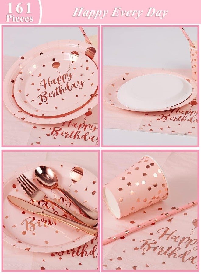 Nkaiso Birthday Party Tableware, 161 Pieces Pink and Rosegold Party Supplies, Party Dinnerware Sets Include Paper Plates Napkins Cups Silverware, for Shower Engagement Parties Decoration -20 Serves - Image 2