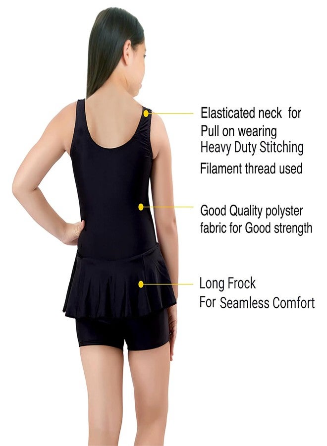 Trender One-Piece Freely Girl's Swimming Costume in Frock Style, Black Color [Half Sleeves - Half Length Style] - Image 2