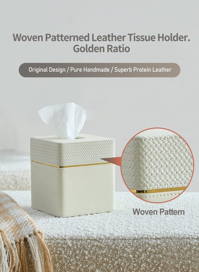 Cloudever Tissue Box Holder Cover Square, Modern PU Leather Decorative Tissue Cube Holder Organizer-Woven White - Image 2