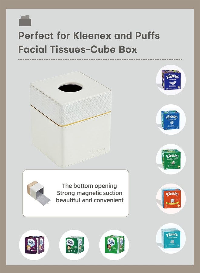 Cloudever Tissue Box Holder Cover Square, Modern PU Leather Decorative Tissue Cube Holder Organizer-Woven White - Image 4