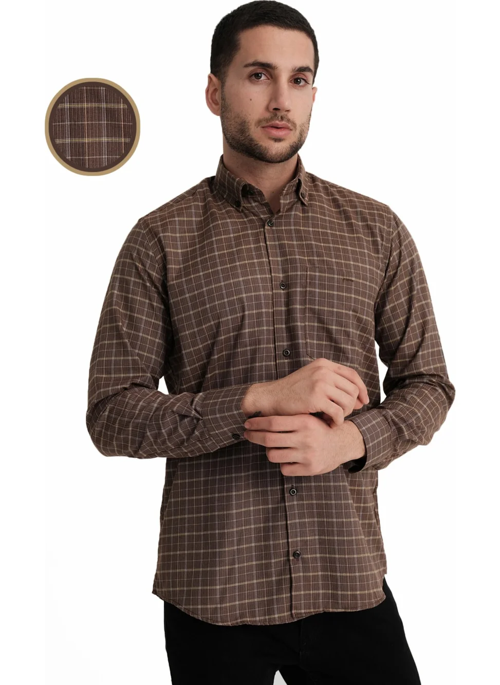 فاريتا Men's Brown Long Sleeve Checked Pocket Cotton Shirt
