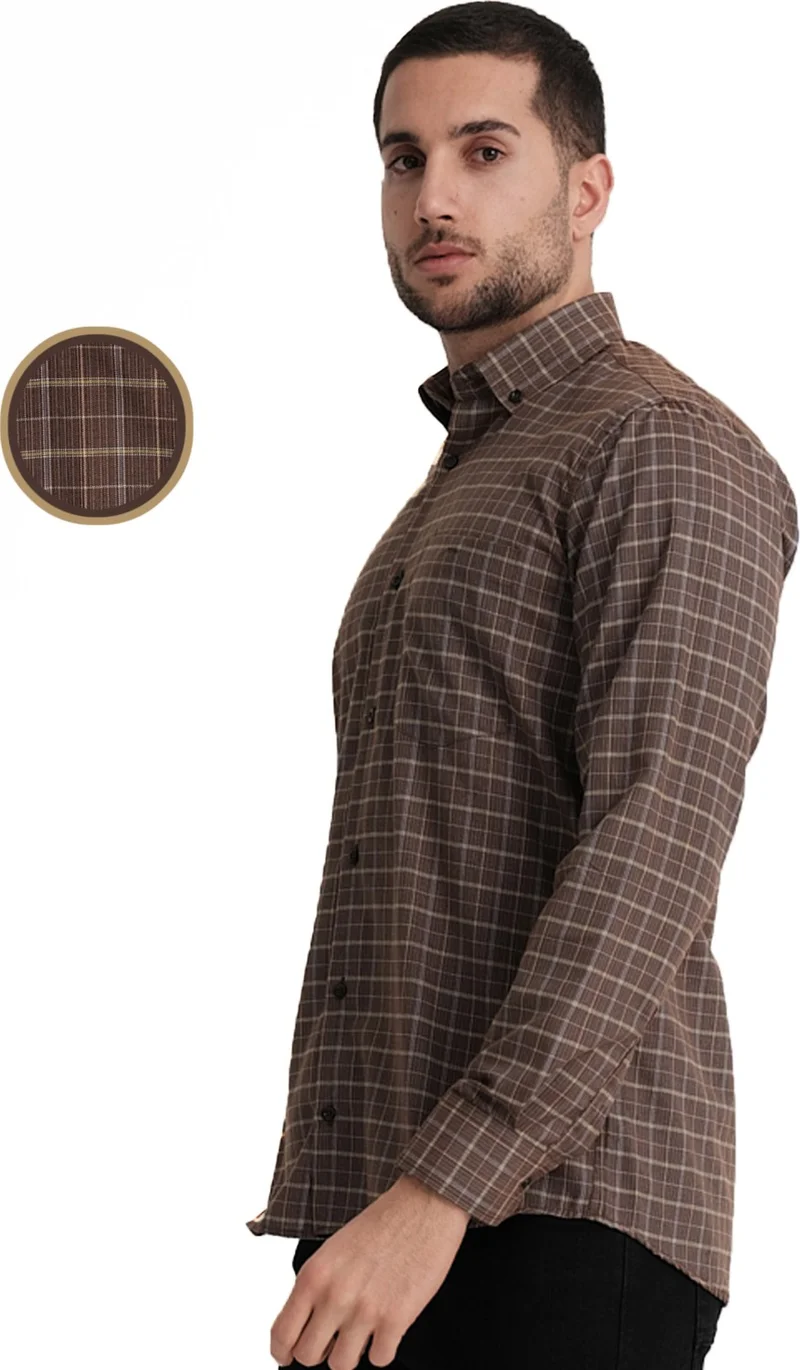 فاريتا Men's Brown Long Sleeve Checked Pocket Cotton Shirt