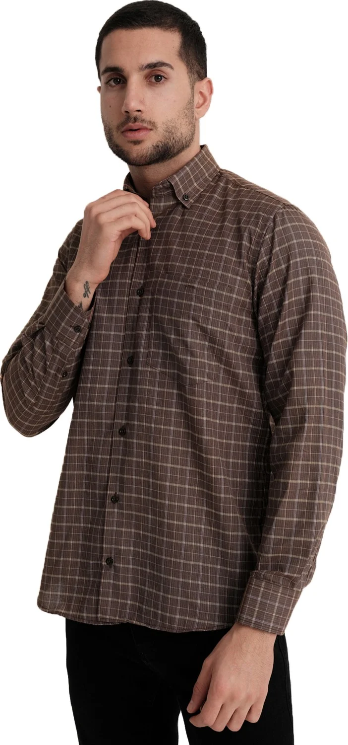 فاريتا Men's Brown Long Sleeve Checked Pocket Cotton Shirt