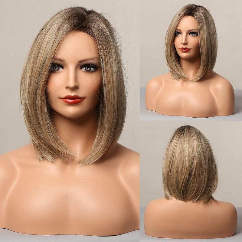 باروكة قصيرة للنساء من HAIRCUBE بلون أشقر رمادي متدرج بطول الكتف باروكة صناعية مقاومة للحرارة للاستخدام اليومي والحفلات بطول 12 بوصة