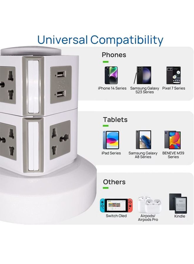 PADOM شريط طاقة عمودي عالمي من بادوم، متعدد المنافذ (110 فولت - 250 فولت) مع منفذين USB، محطة شحن كهربائية، واقي من الصواعق، مناسب لأي بلد - Image 2