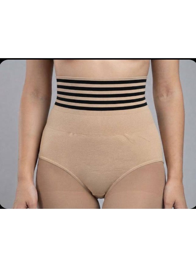 Women's High Waist Seamless Shapewear Brief - Tummy Control Corset Panty with Striped Elastic Waistband - Cafe - Free Size - Image 2