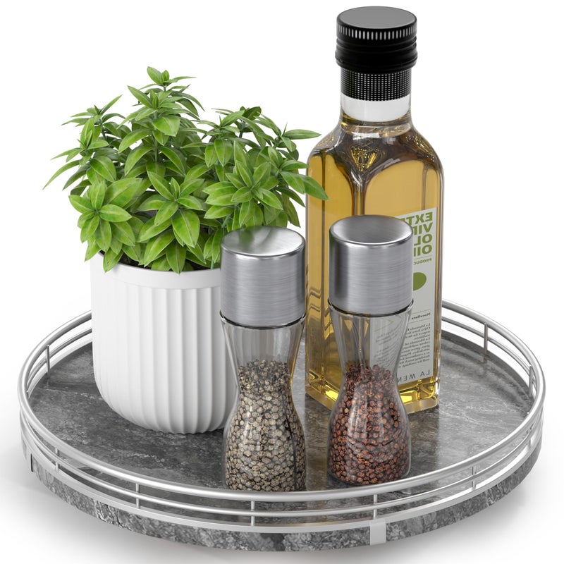 AMH Gray Marble Lazy Susan Turntable for Table Top â€“ 10â€ Round Marble Tray Organizer for Dining Table, Kitchen Countertop & Bar, Luxury Stone Serving Tray with Silver Frame - Image 1