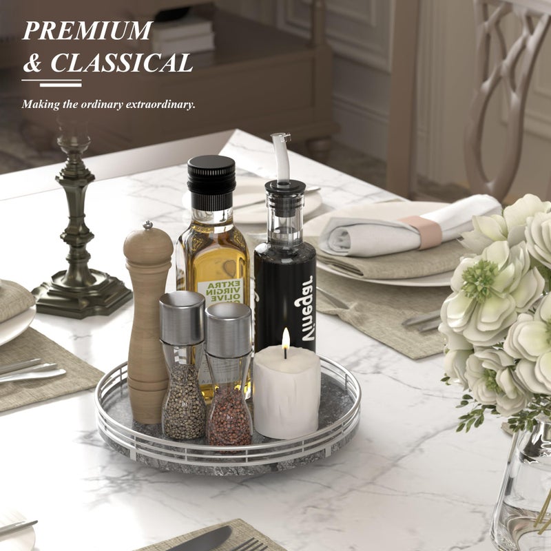 AMH Gray Marble Lazy Susan Turntable for Table Top â€“ 10â€ Round Marble Tray Organizer for Dining Table, Kitchen Countertop & Bar, Luxury Stone Serving Tray with Silver Frame - Image 2
