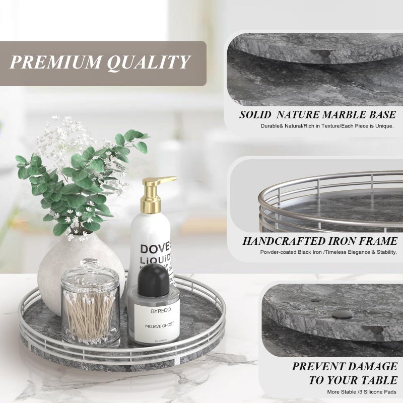 AMH Gray Marble Lazy Susan Turntable for Table Top â€“ 10â€ Round Marble Tray Organizer for Dining Table, Kitchen Countertop & Bar, Luxury Stone Serving Tray with Silver Frame - Image 5