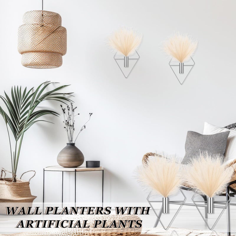 Canlierr 2 Pieces Wall Decor Hanging Planters with Artificial Plants Metal Hanging Vase Indoor Plants Holder Modern Boho Wall Art for Bathroom Bedroom Living Room Decor(Silver,Pampas Grass) - Image 5