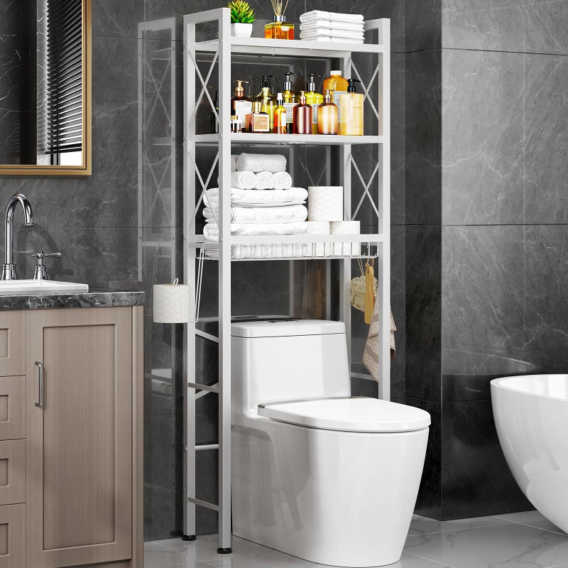 Kalrin Over The Toilet Storage with X Shape Side Guardrail, 3-Tier Over Toilet Storage Rack with Drain Basket, Freestanding Bathroom Organizer for Balcony Laundry, Pure White - Image 1