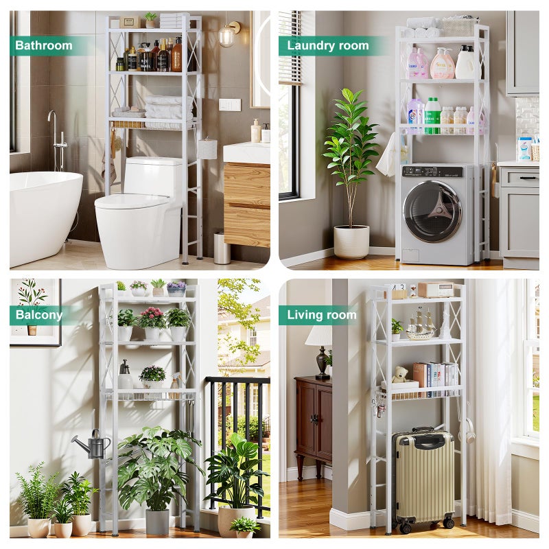 Kalrin Over The Toilet Storage with X Shape Side Guardrail, 3-Tier Over Toilet Storage Rack with Drain Basket, Freestanding Bathroom Organizer for Balcony Laundry, Pure White - Image 2