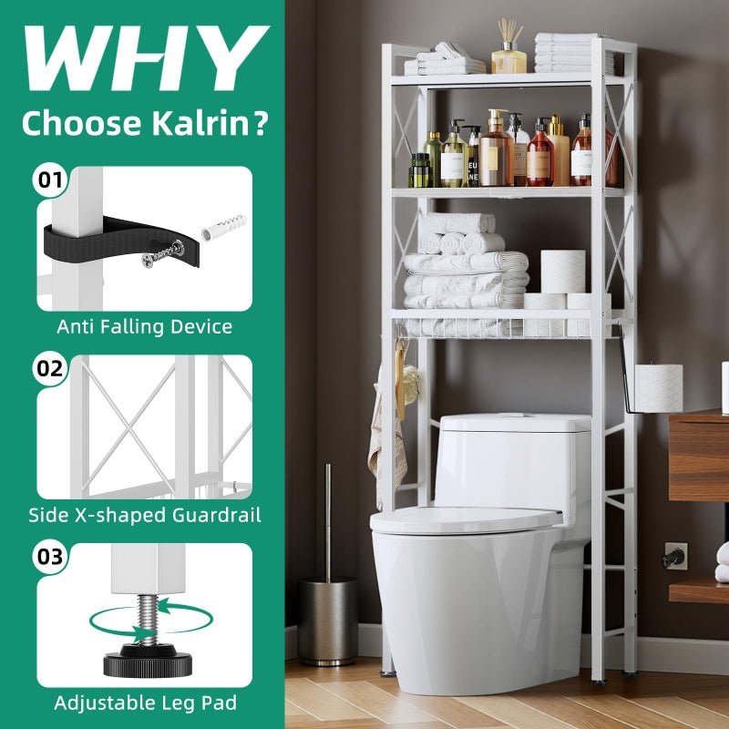 Kalrin Over The Toilet Storage with X Shape Side Guardrail, 3-Tier Over Toilet Storage Rack with Drain Basket, Freestanding Bathroom Organizer for Balcony Laundry, Pure White - Image 3