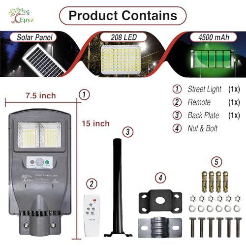 Epyz 30 Watt Solar Street Light Outdoor Waterproof with Motion Sensor with Mounting Pole for Garden, Street, Lawn, Patios and Pathways [ 208LED, Pack of 1, Cold White Light ] - Image 5