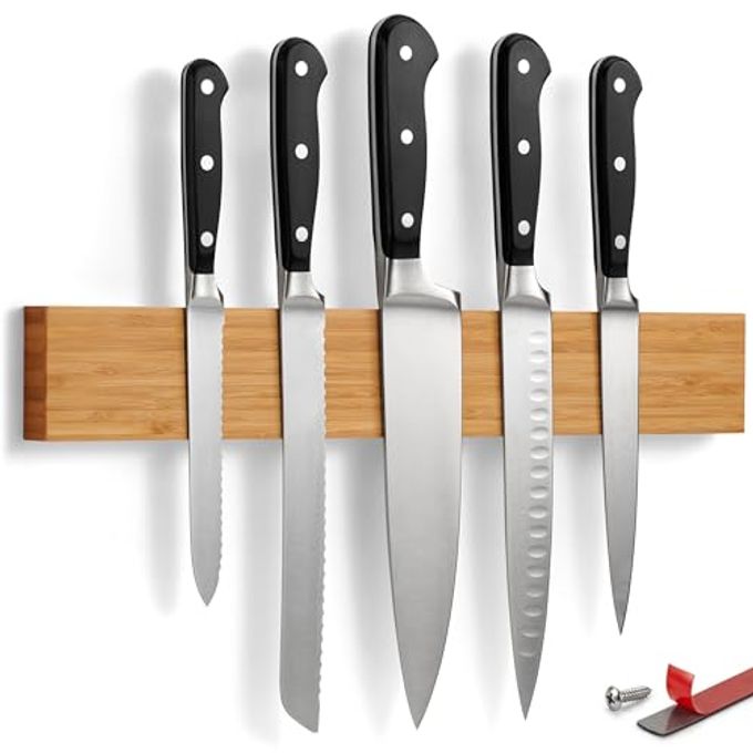 LARHN Magnetic Knife Holder for Wall or Fridge - No-Drill Bamboo Knife Magnetic Strip, 16 - Renter Friendly