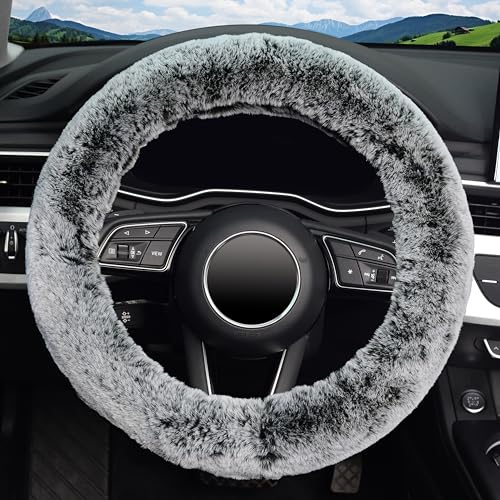 KAFEEK Frost Fluffy Microfiber Plush Steering Wheel Cover for Winter Warm, Universal 15 inch Soft Fuzzy Steering Wheel Cover,Cool Black - Image 2