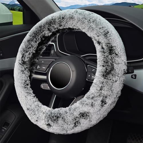 KAFEEK Frost Fluffy Microfiber Plush Steering Wheel Cover for Winter Warm, Universal 15 inch Soft Fuzzy Steering Wheel Cover,Cool Black - Image 3