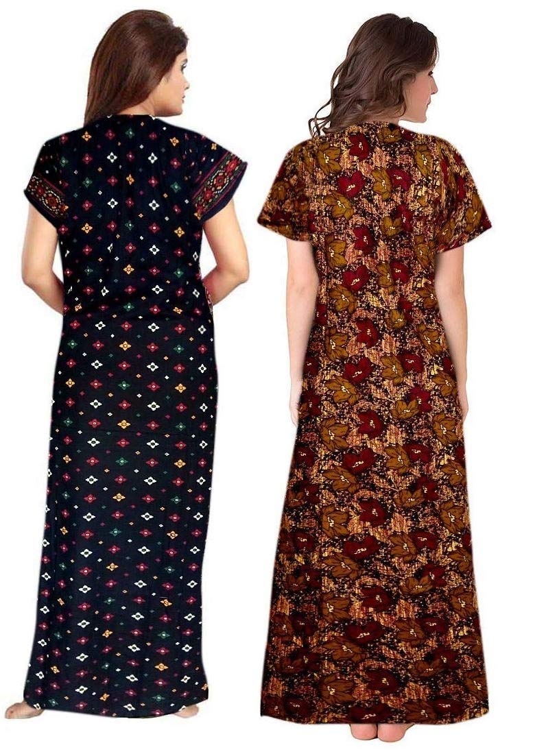 Keyocean Women's Cotton Printed Nighty Night Gown Maxi Free Size (Pack of 2) Black & Brown - Image 3