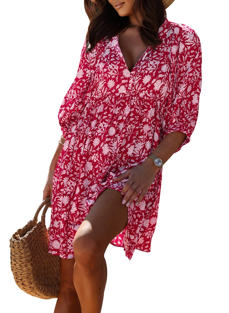 miduo Womens Dresses Summer Fashion V Neck 2025 Half Puff Sleeve Bohemian Floral Mini Tunic Babydoll Dresses Saffron L - Image 1