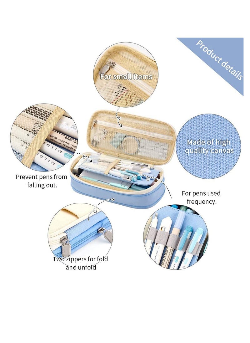 Excefore Large Capacity Pencil Case, Cosmetic Bag, Large Capacity, Storage Bag With Zipper, Suitable For School Office (Light Blue)  - Image 3