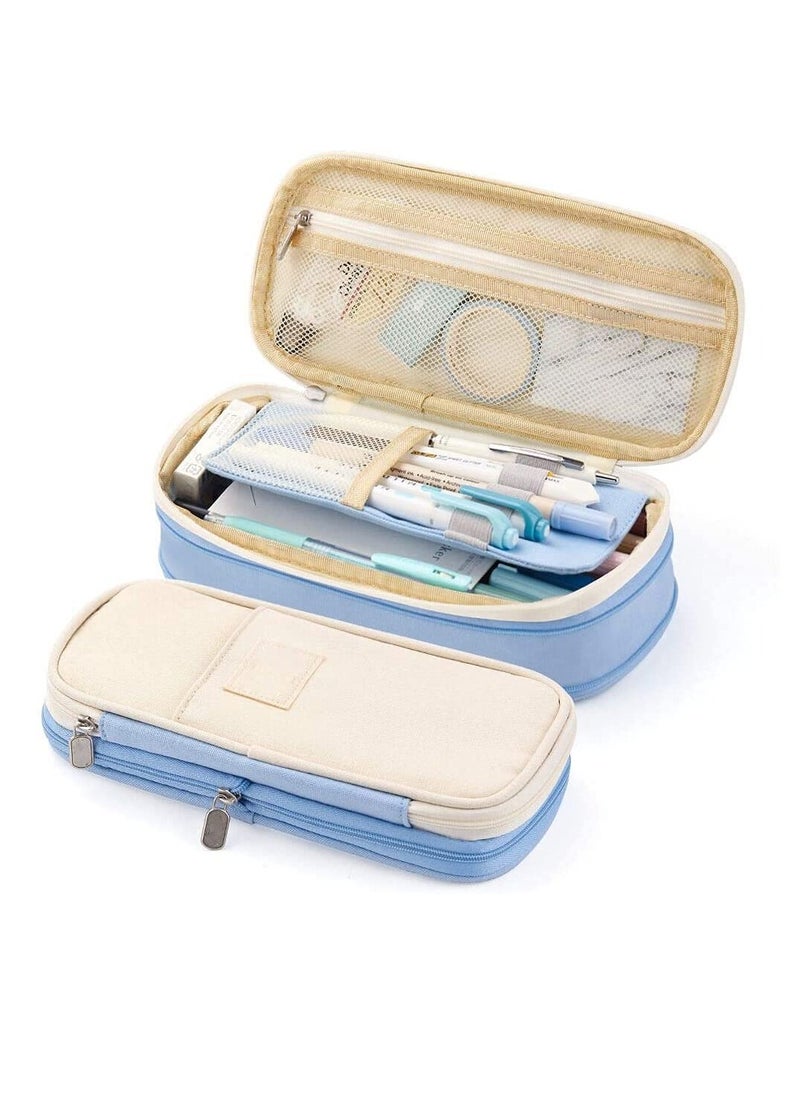 Excefore Large Capacity Pencil Case, Cosmetic Bag, Large Capacity, Storage Bag With Zipper, Suitable For School Office (Light Blue)  - Image 1