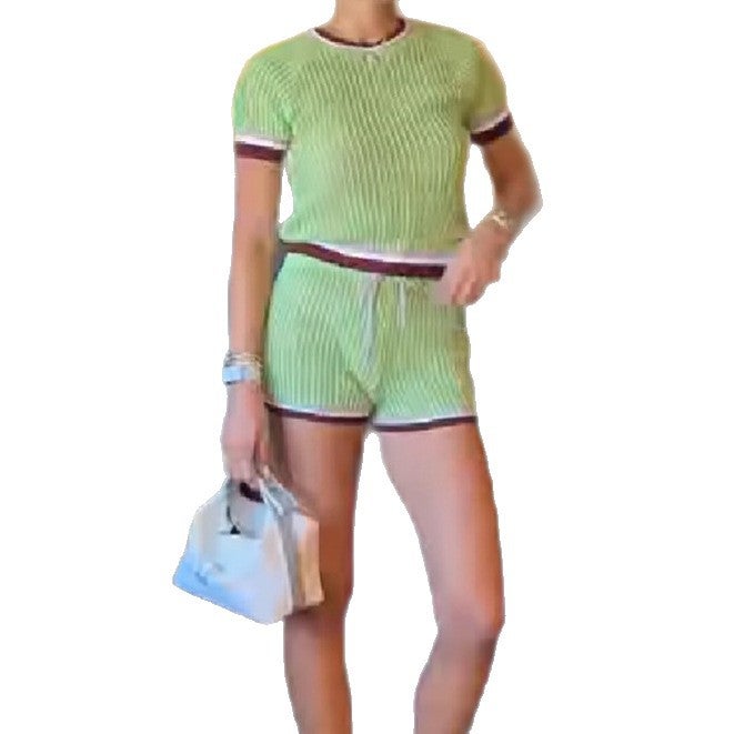 Women's Casual Color-Block Ribbed Knit Short Sleeve T-Shirt and High-Waist Drawstring Shorts Set - Image 5
